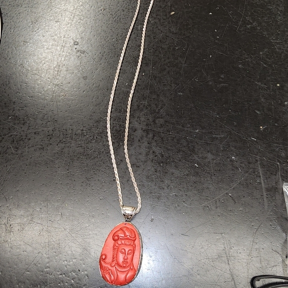 Vintage Sterling‎ and cinnabar Buddha necklace NWOT - Picture 10 of 16